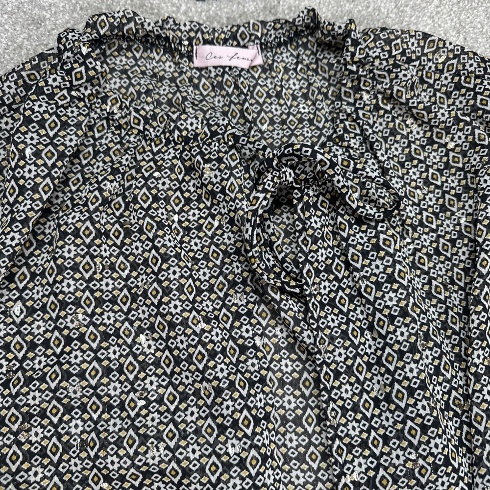 Ces Femme Womans Medium‎ Blouse Duster Open Black Gold Floral Long Sleeve Kimono